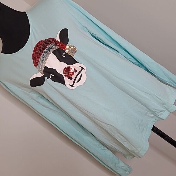 Lands End sz L sequined Santa Cow on light blue longsleeved T - Picture 1 of 8